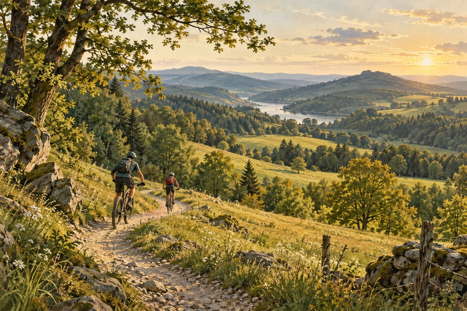Autorská ilustrace cyklistů na cestě mezi zalesněnými kopci